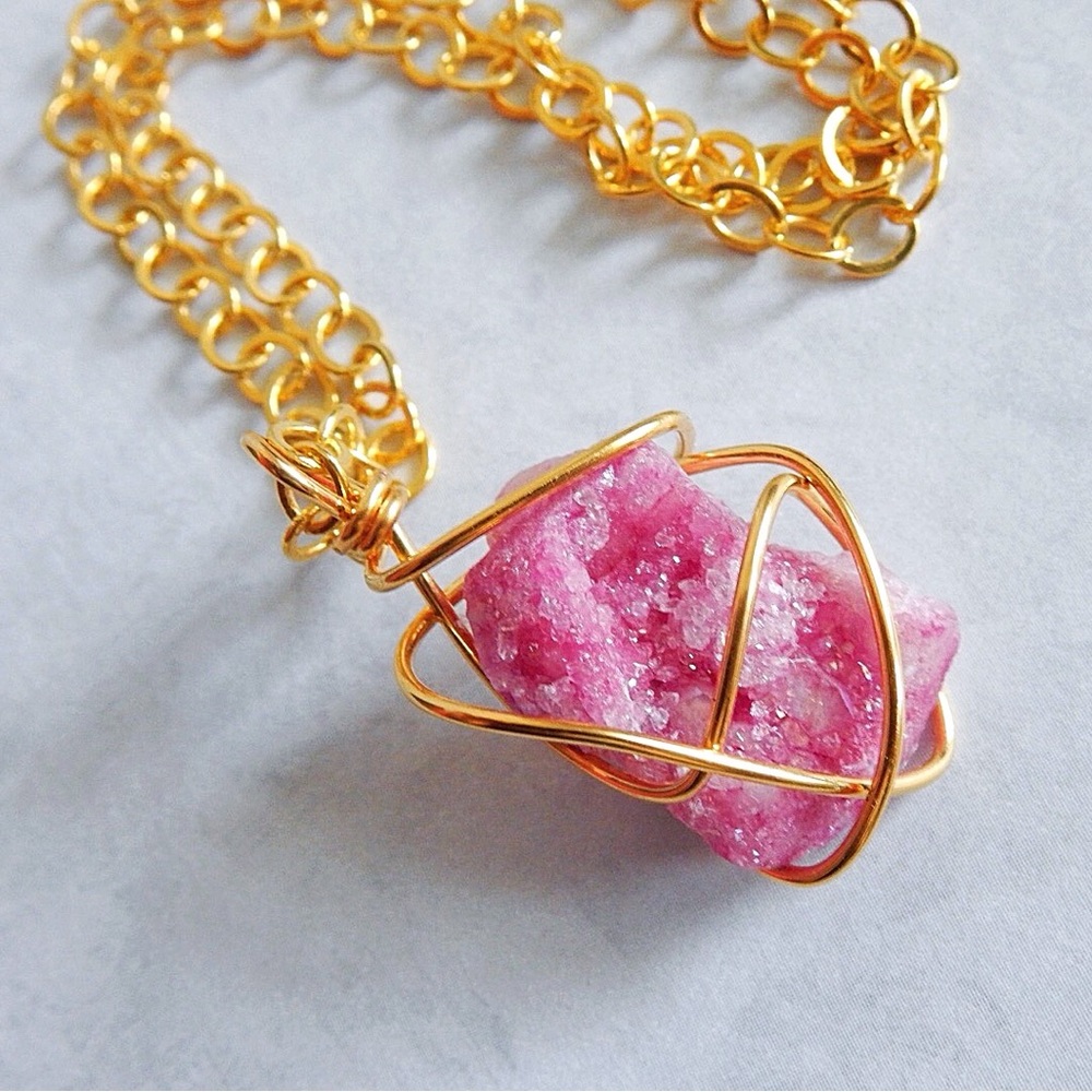 Gold Wire Wrapped Pink Druzy Crystal Pendant Necklace Handmade